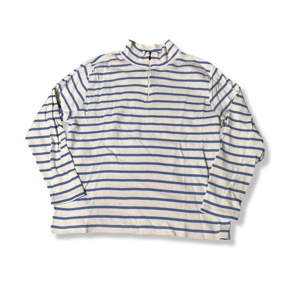 LL Bean Quarter Zip Pullover Ladies XL White Blue Excellent Striped Ribbed